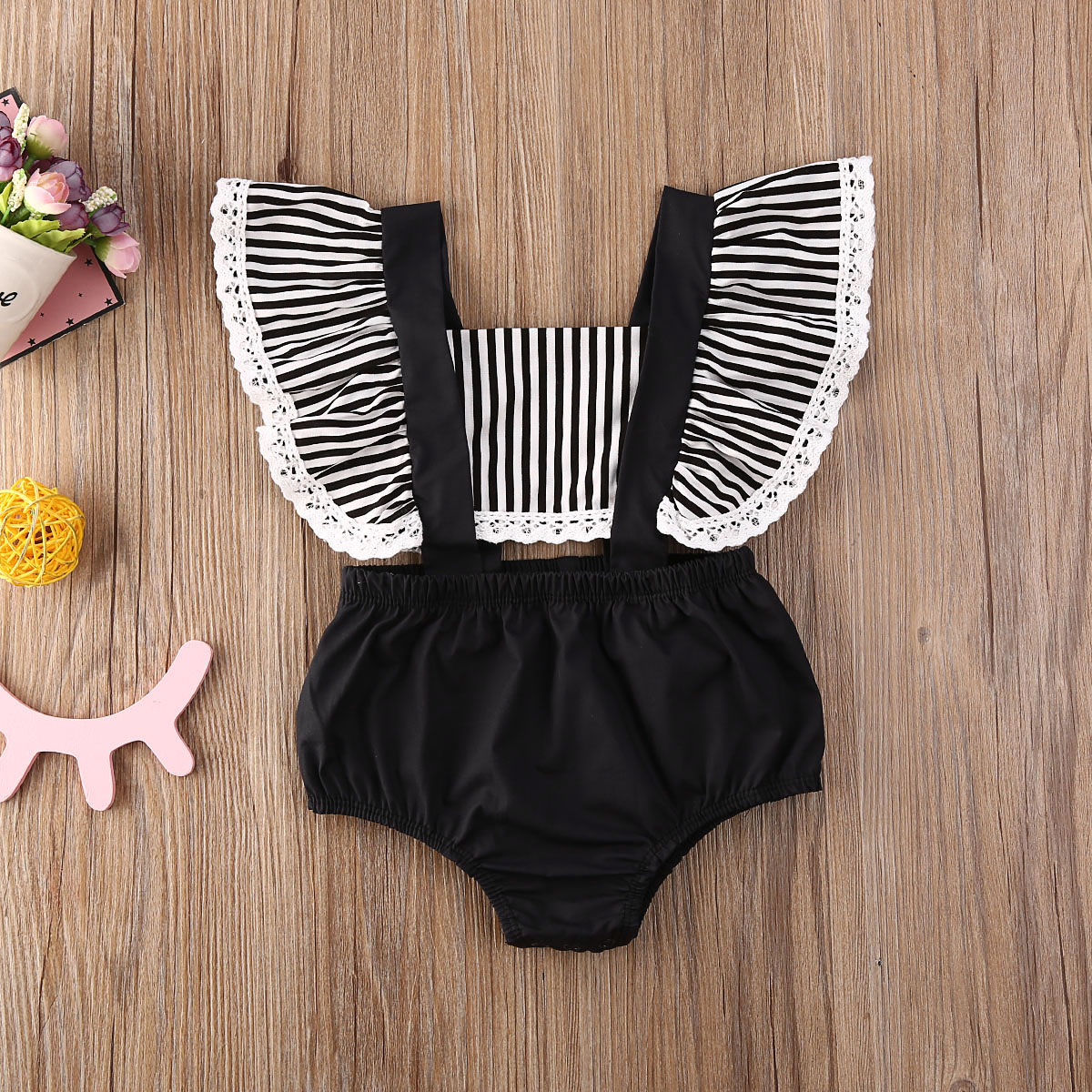 Baby Girl's Black Striped Patchwork Sleeveless Romper